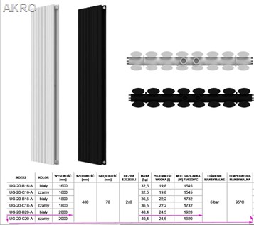 Grzejnik pionowy INVENA V20 2000x480 czarny